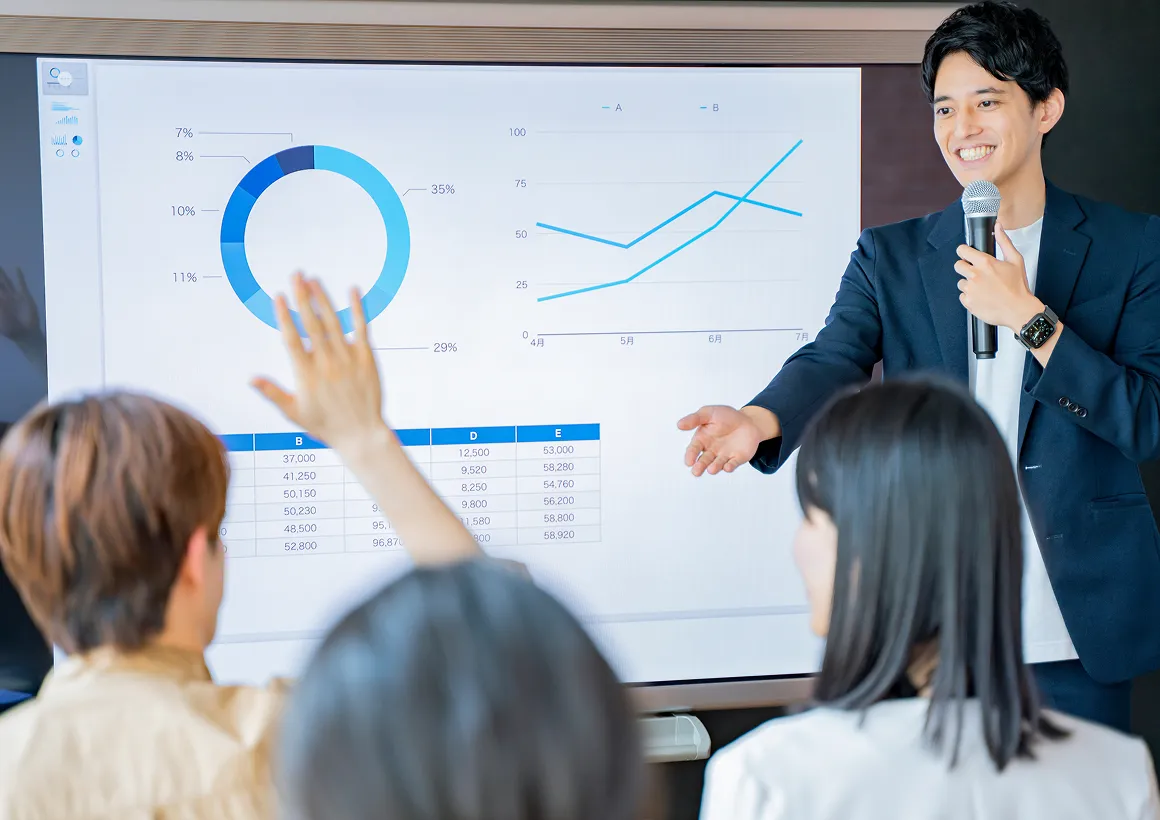資料やグラフを表示したモニターを使い、プレゼンテーションを行うビジネスシーン