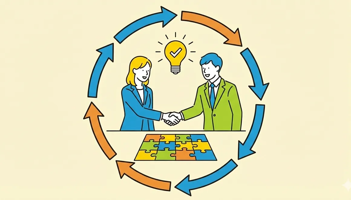 握手する二人と循環する矢印のイラスト