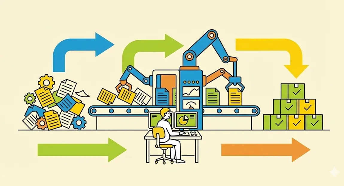 生産ラインとロボットアームのイラスト