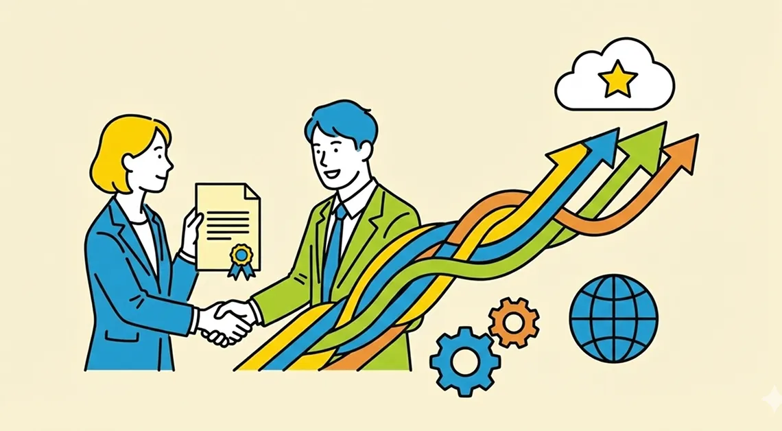 握手する二人と上昇するカラフルな矢印のイラスト