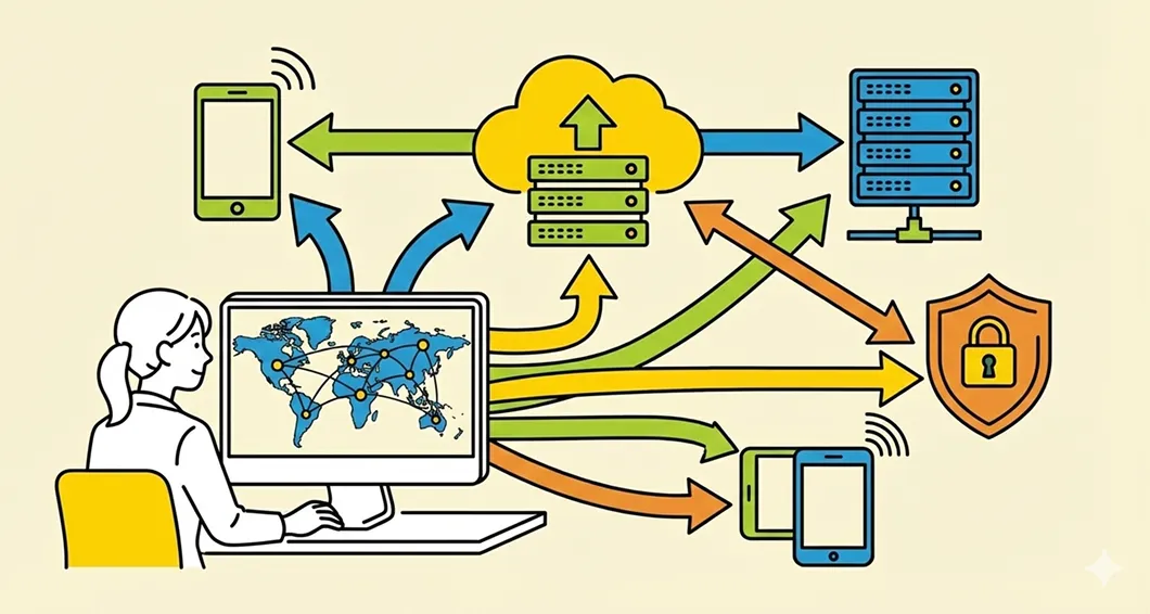 クラウドと複数デバイスをつなぐデータ連携とセキュリティの概念図