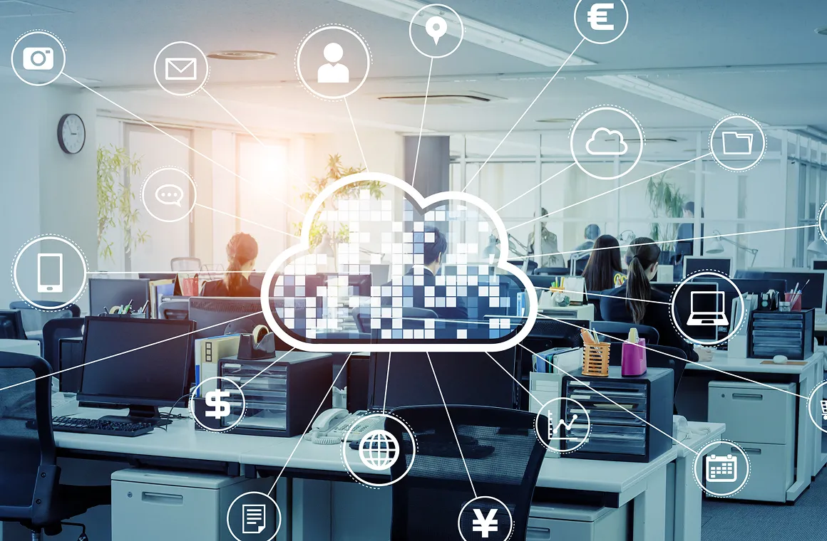 オフィス内でクラウドサービスと各種システムの連携を表現したイメージビジュアル