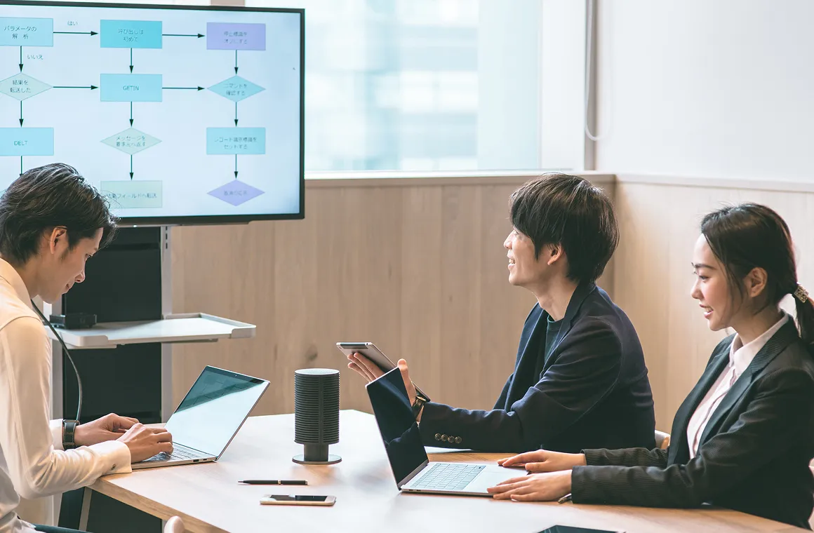 モニターに表示されたフロー図を見ながら打ち合わせを行うビジネスチーム