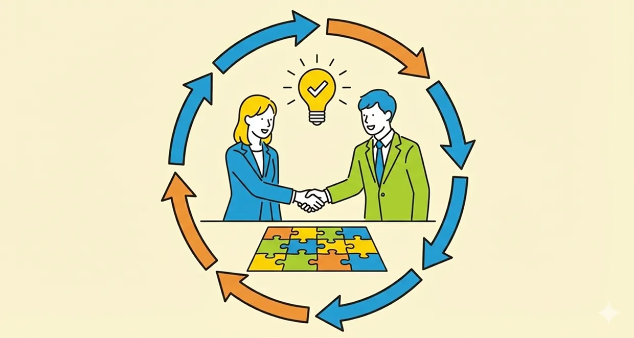 握手する二人と循環する矢印のイラスト