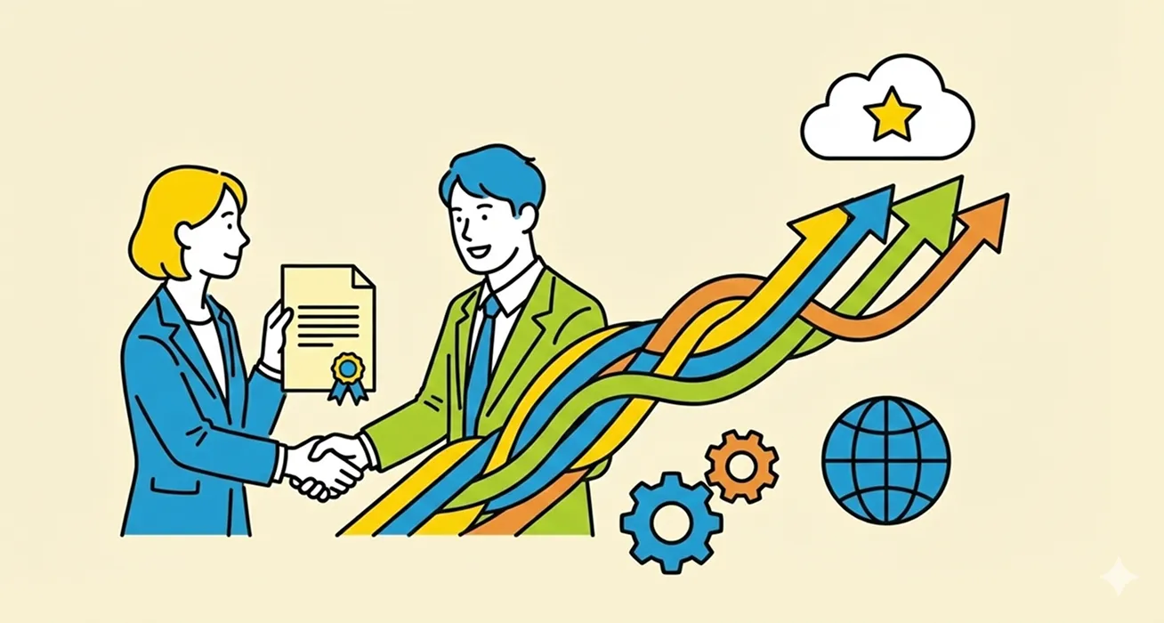 握手する二人と上昇するカラフルな矢印のイラスト