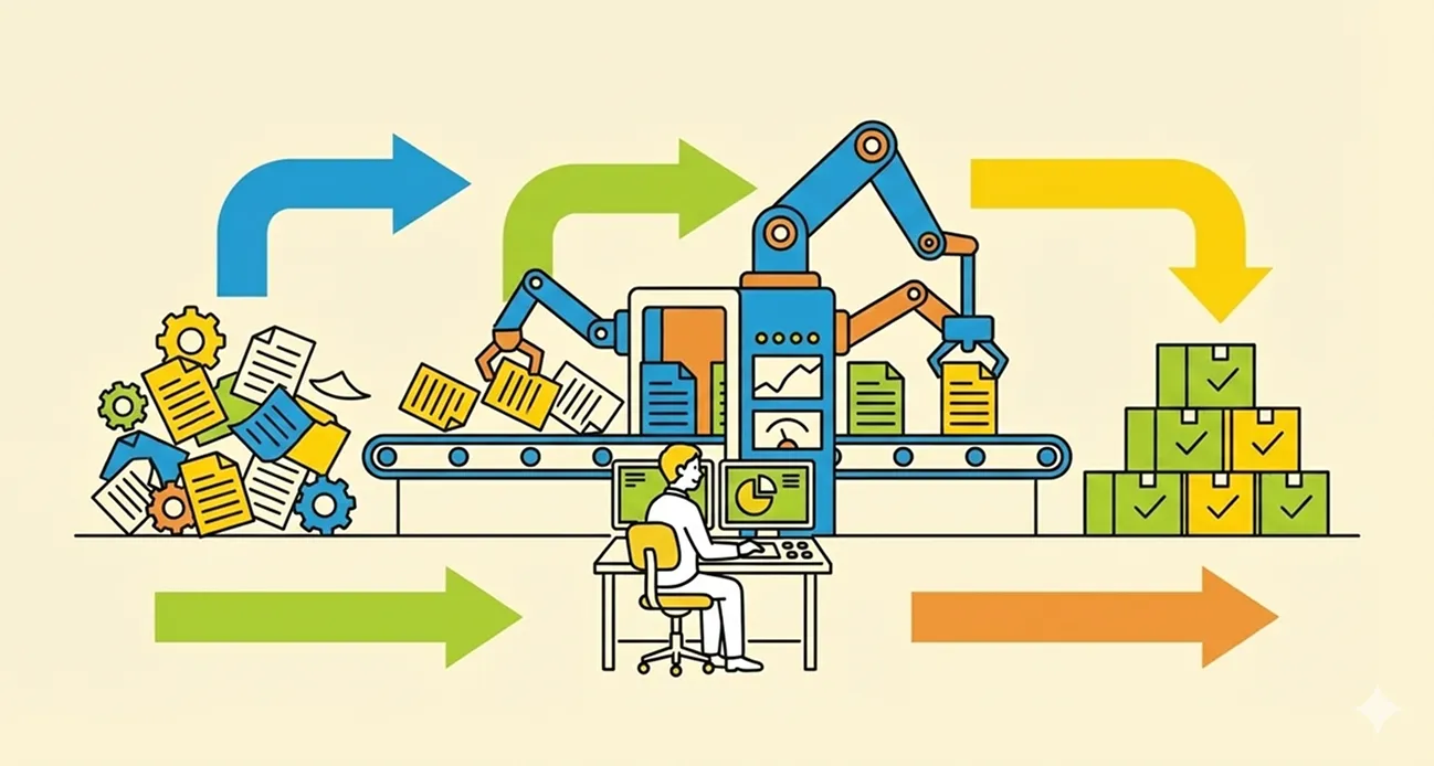 生産ラインとロボットアームのイラスト