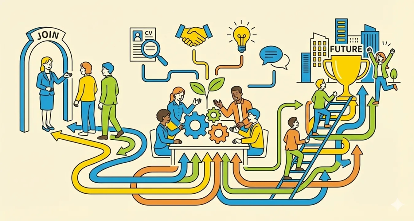 採用から成長、成功までの流れを描いたチームワークとキャリアのイラスト